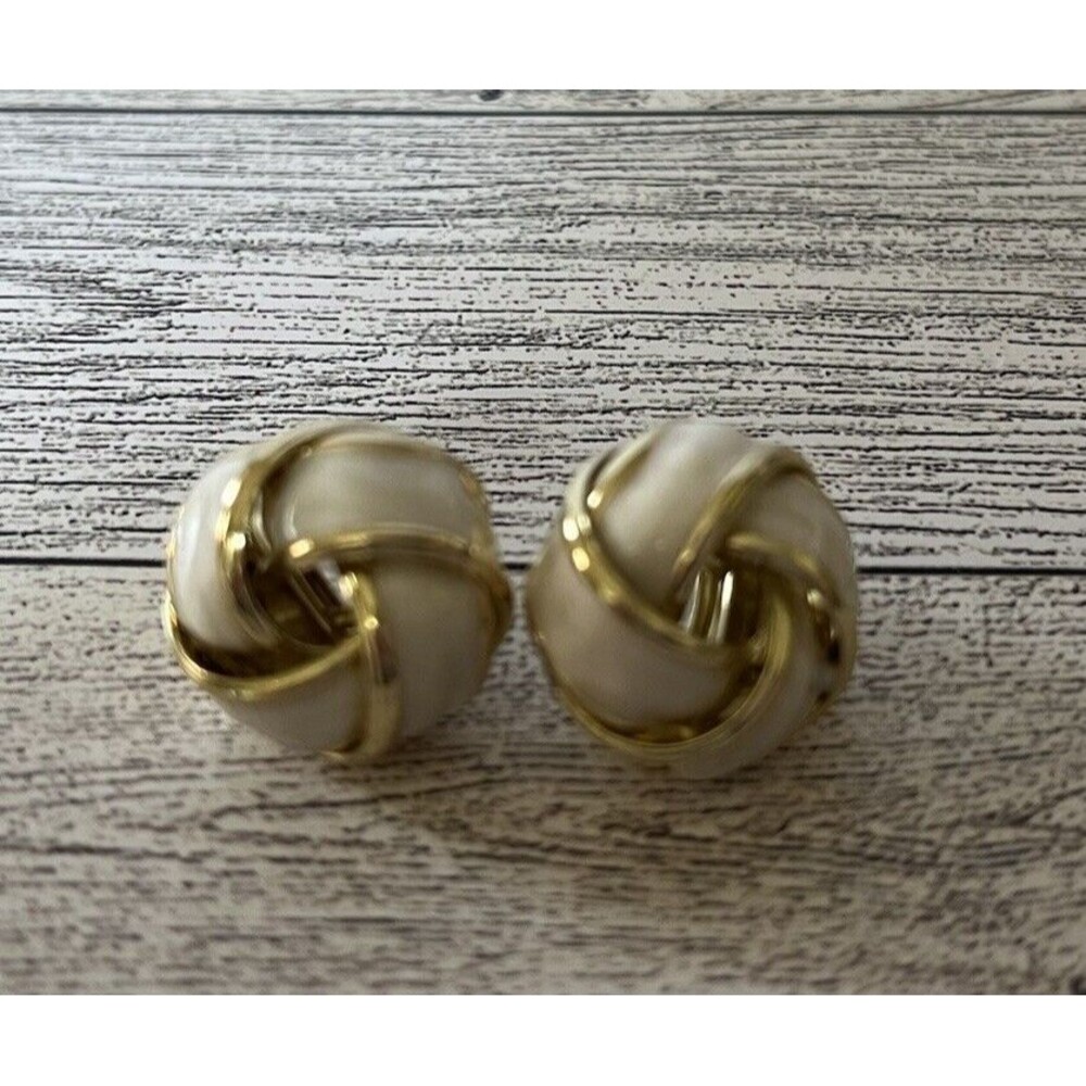 Chunky Gold Tone White Enamel Knot Stud Earrings